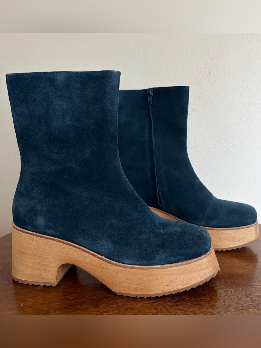Charlotte Stone Size 9 Navy Blue Suede Platform Ankle Boots Clog Wood